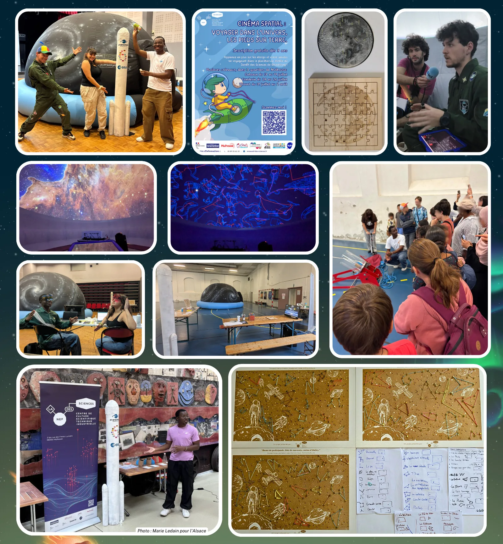 collage de photos des animations de planétarium mobile qui ont eu lieu en 2025 avec des vues à l'intérieur du planétarium mais aussi des animateurs qui posent devant les animations annexes proposées